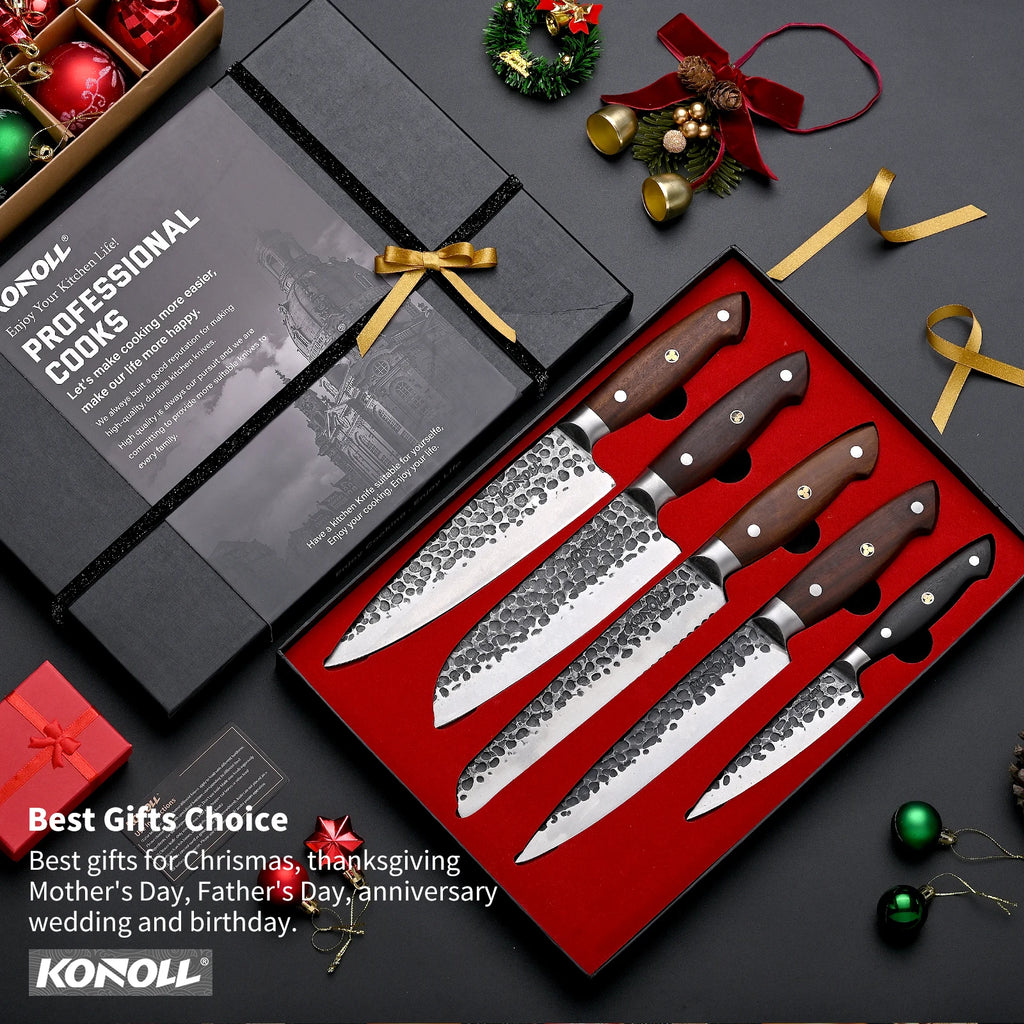 High Quality Professional Handmade Forged Cooking Knife Set 5 Pcs Kitchen Chef Santoku Utility Knife Set