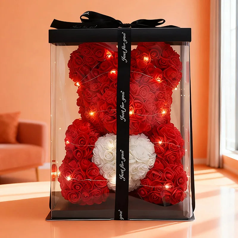 Valentine Gifts Decoration Rose Bear Artificial Flower With Box Lights Teddy Bear for Women Girlfriend Birthday Gift Love Flower