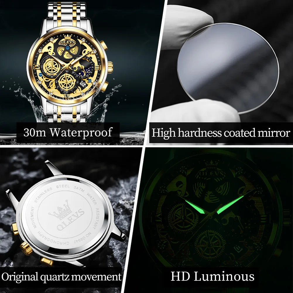 OLEVS Hollowed Out Skeleton Watch Moon Phase  Design Luxury  Quartz Watch for Men
