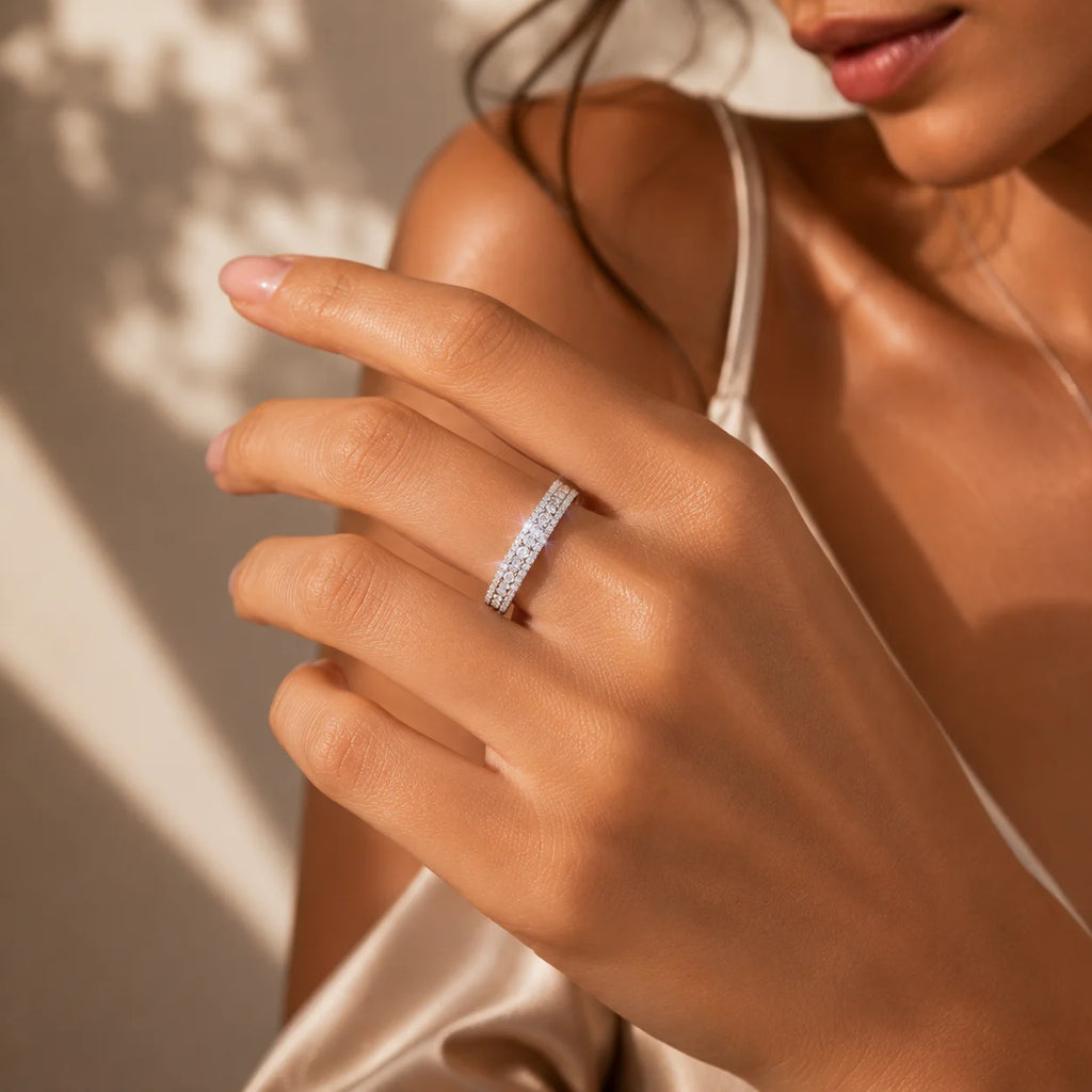 Luxury Three-Row Pave Half Eternity Band Ring S925 Sterling Silver Round Brilliant Cut Moissanite Ring Wedding Stackable Ring