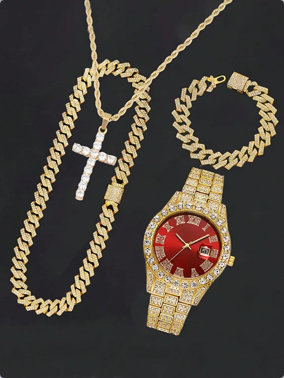 Men's Diamond Inlaid Cuban Chain Watch Set