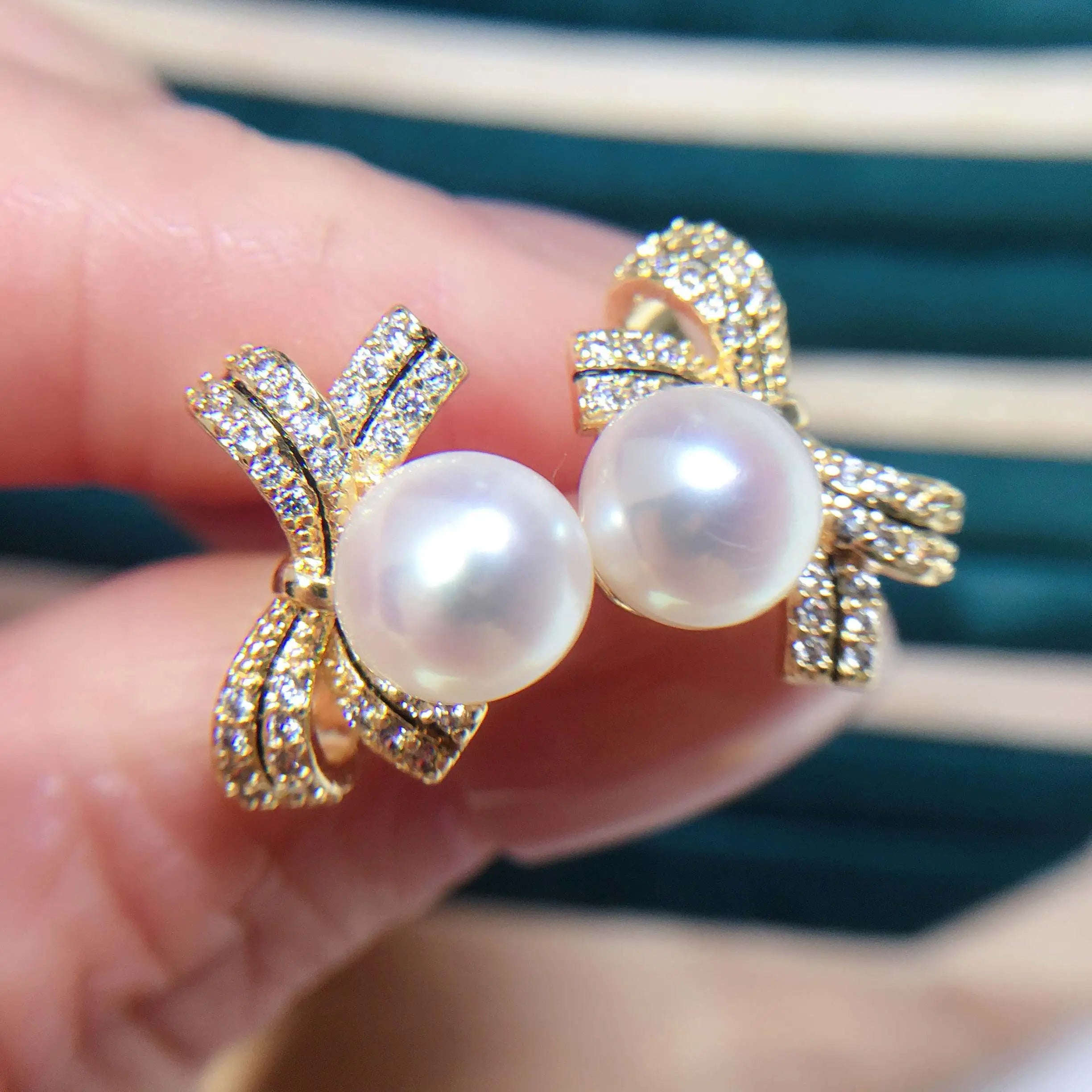 14k Gold Gilled Pearl Earrings For Women  Bow Tie Stud Earring Real Natural Freshwater Pearl
