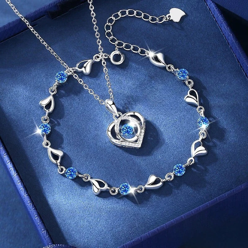 925 Sterling Silver Heart Shaped Necklace Bracelet Set for Women Vintage Crystal Bracelets