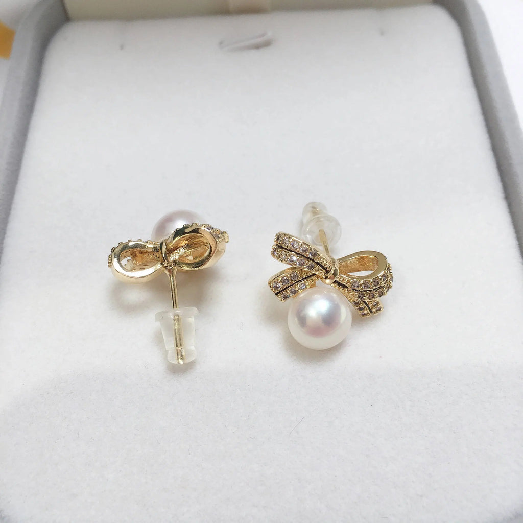 14k Gold Gilled Pearl Earrings For Women  Bow Tie Stud Earring Real Natural Freshwater Pearl