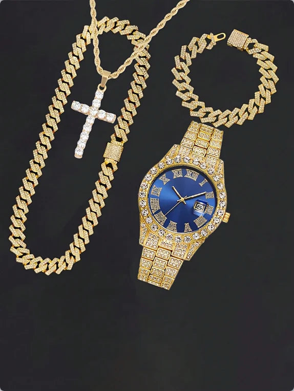 Men's Diamond Inlaid Cuban Chain Watch Set