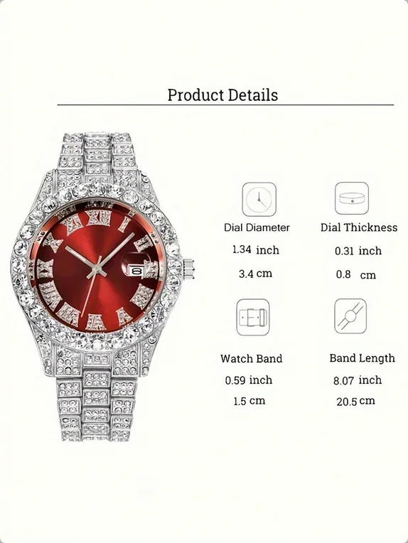 Men's Diamond Inlaid Cuban Chain Watch Set