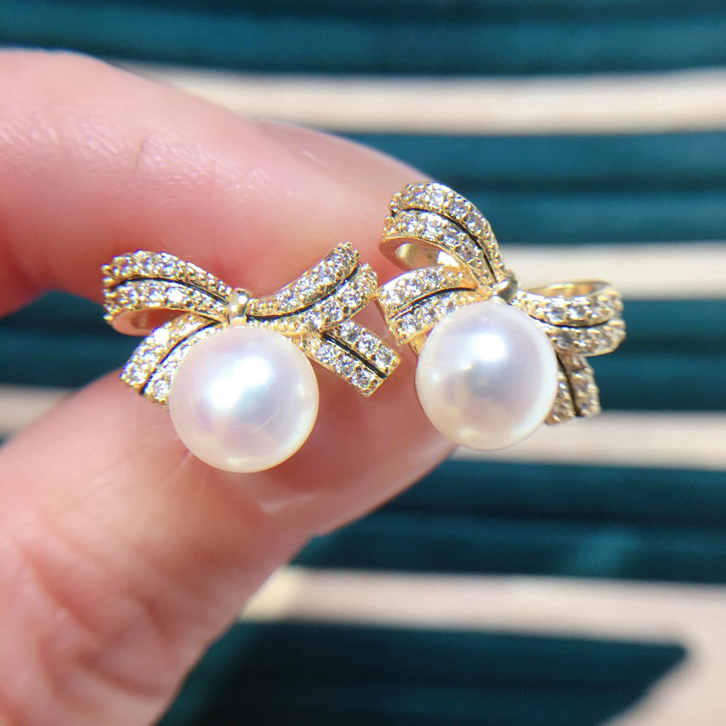 14k Gold Gilled Pearl Earrings For Women  Bow Tie Stud Earring Real Natural Freshwater Pearl