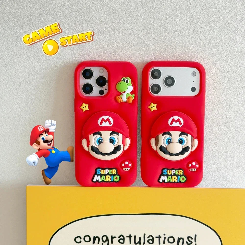 3D Stereoscopic Cute Cartoon Super M-Marios Bros Stand Holder Phone Case For iPhone 16 15 14 13 Pro Max Soft Silicone Cover