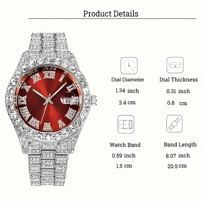 Men's Diamond Inlaid Cuban Chain Watch Set