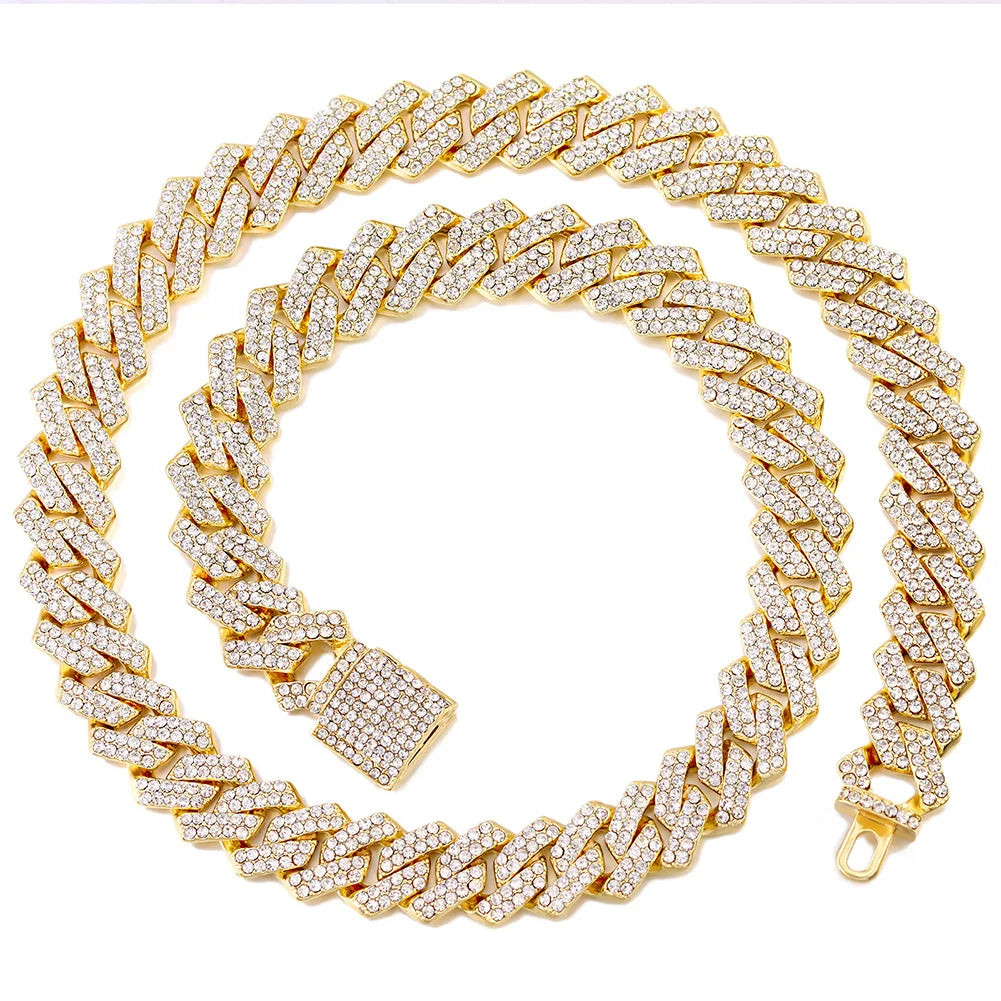 Cuban Link Chain 14MM Prong Diamond Cuban Chain Choker Necklaces for Women or Men