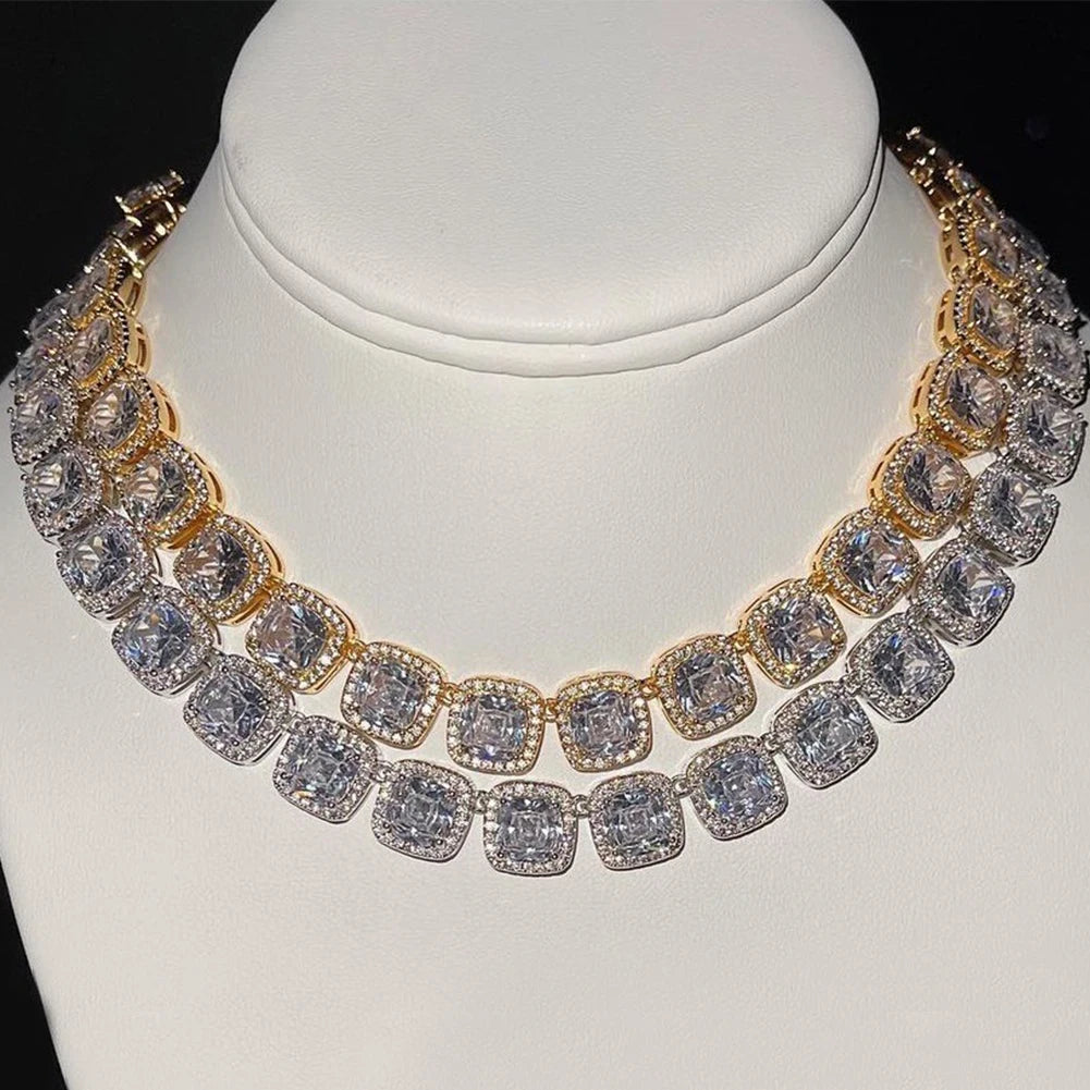 Paved Cuban Link Chain Tennis Necklace Women Men 13/14MM Prong Necklace