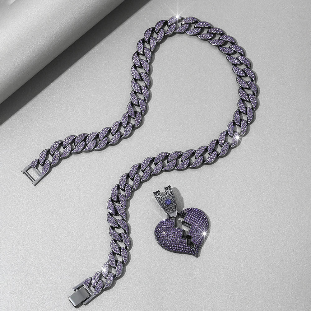 Big Purple Love Pendant Necklace 16MM Cuban Chain