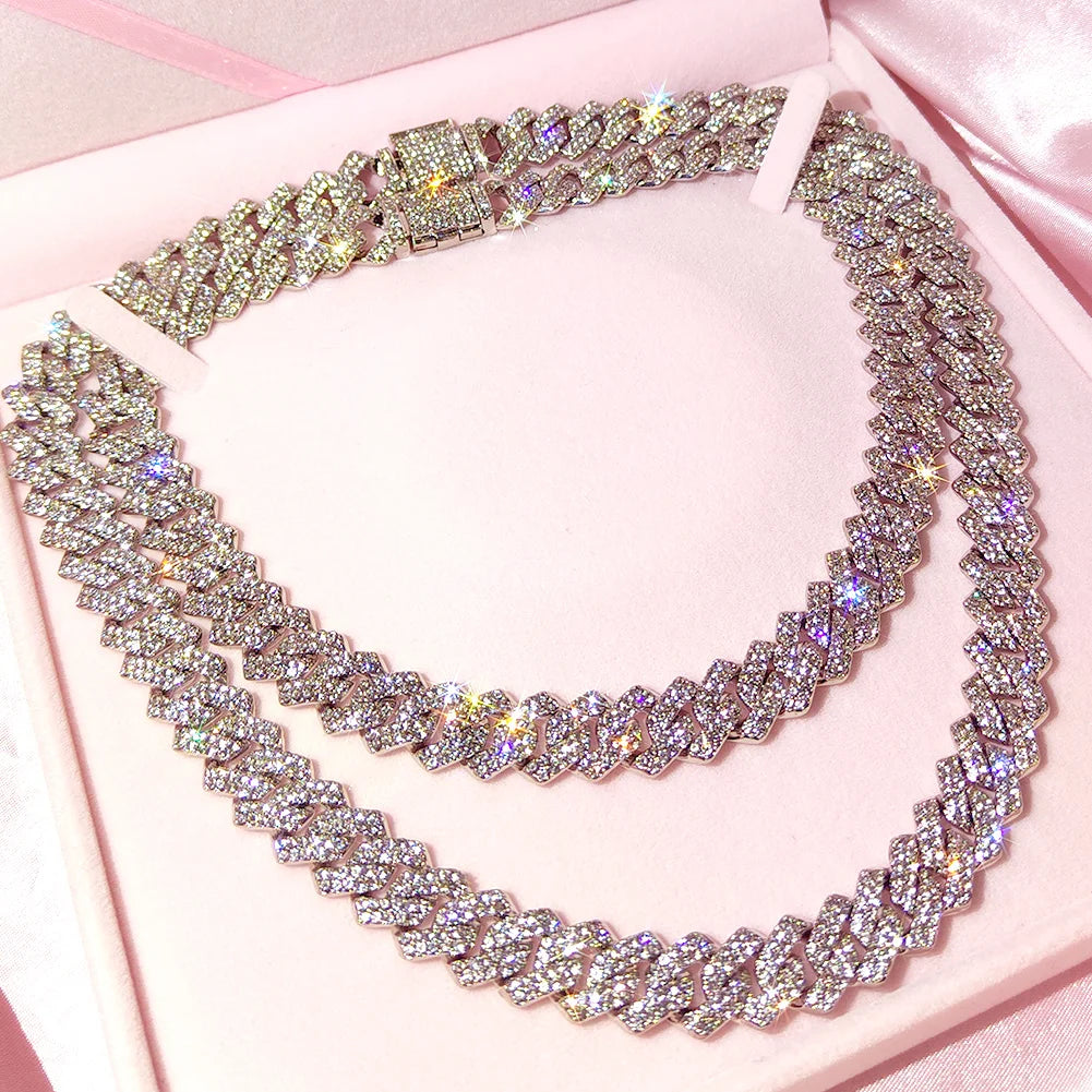 Miami Prong Cuban Link Chain Necklace for Women Gold or Silver2 Row Cuban Choker