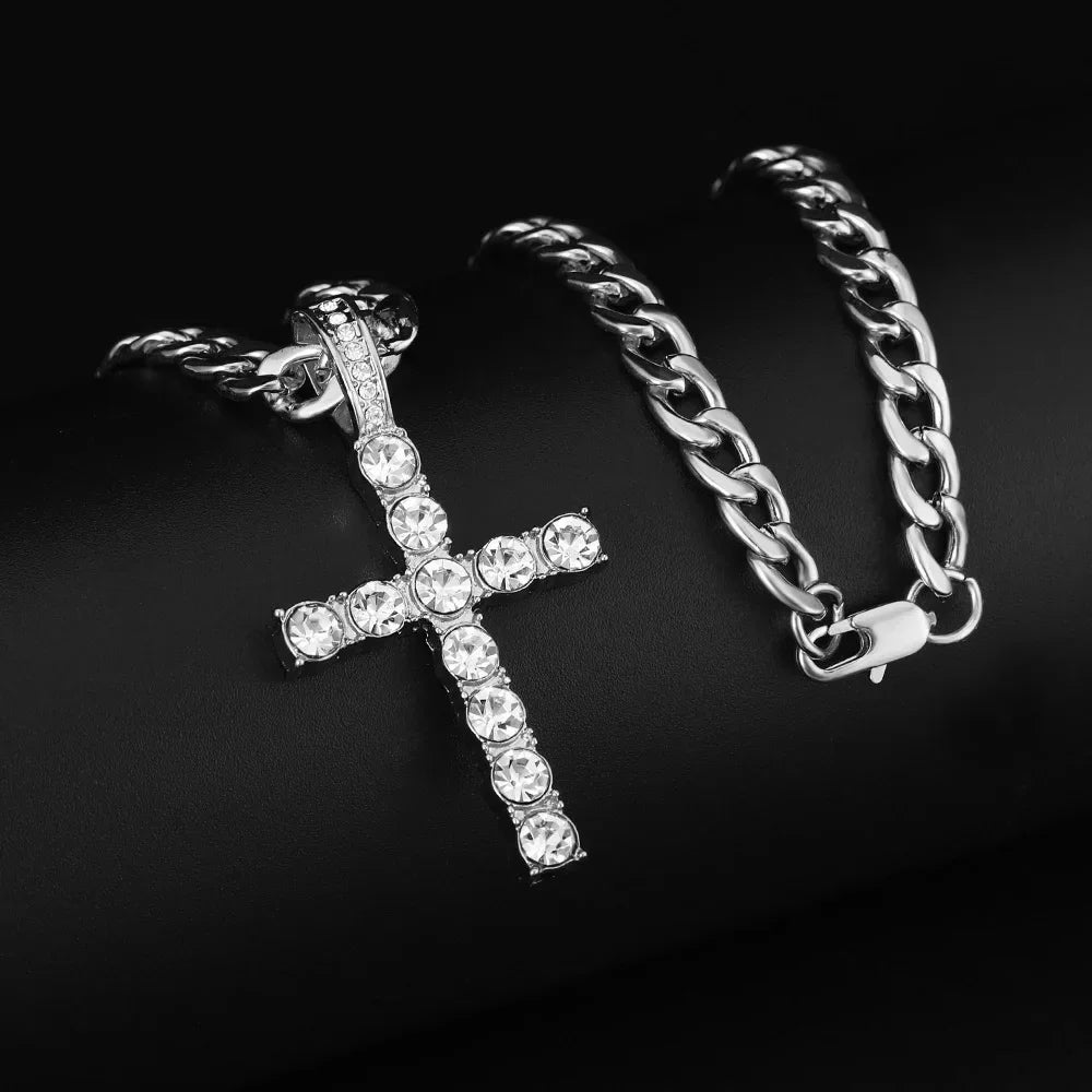 Men's Diamond Inlaid Cuban Chain Watch Set