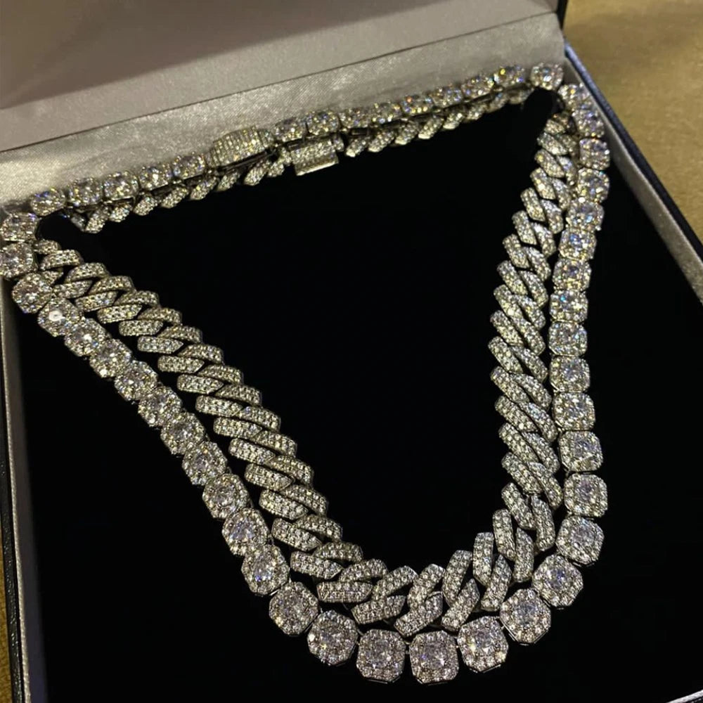 Paved Cuban Link Chain Tennis Necklace Women Men 13/14MM Prong Necklace