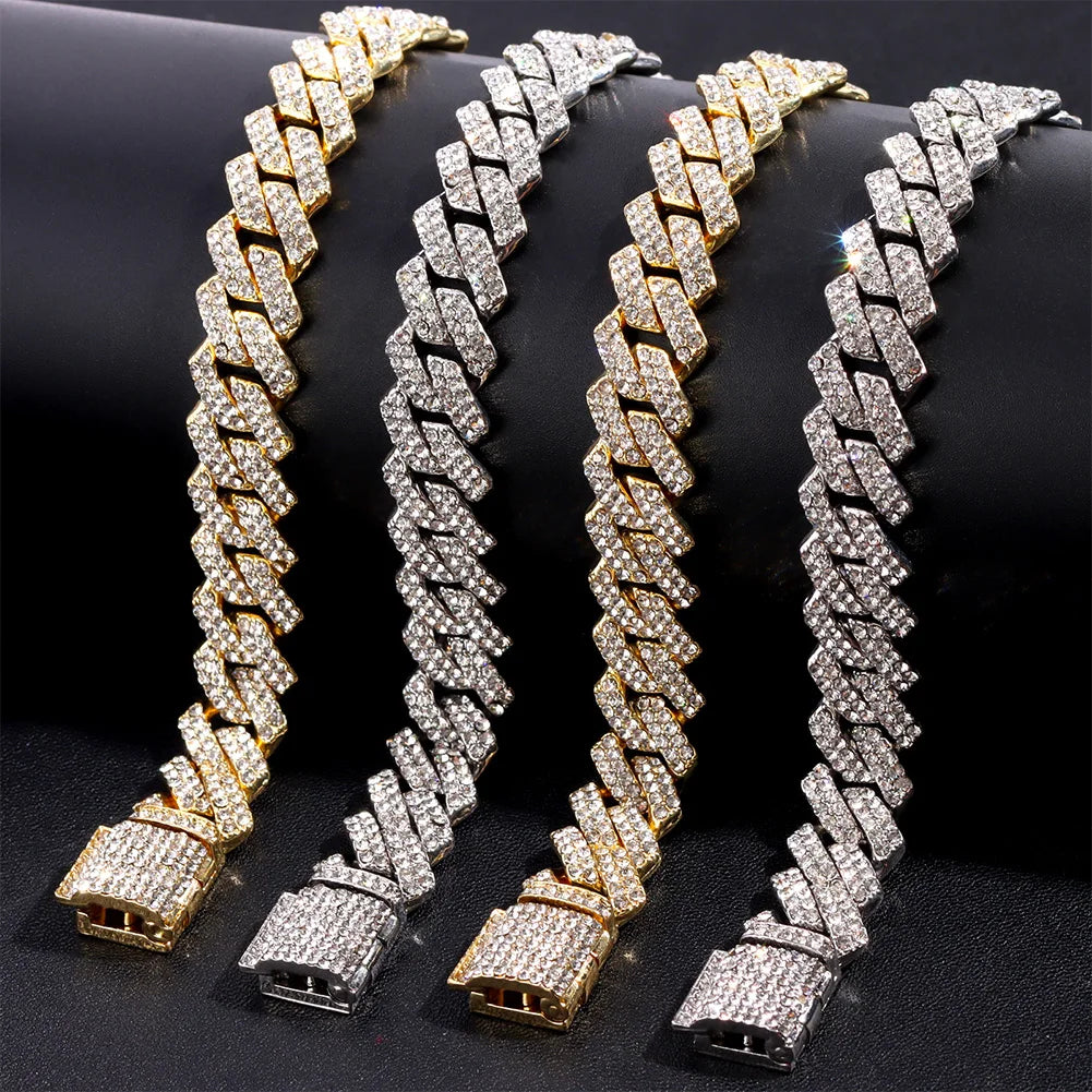 Paved Cuban Link Chain Tennis Necklace Women Men 13/14MM Prong Necklace