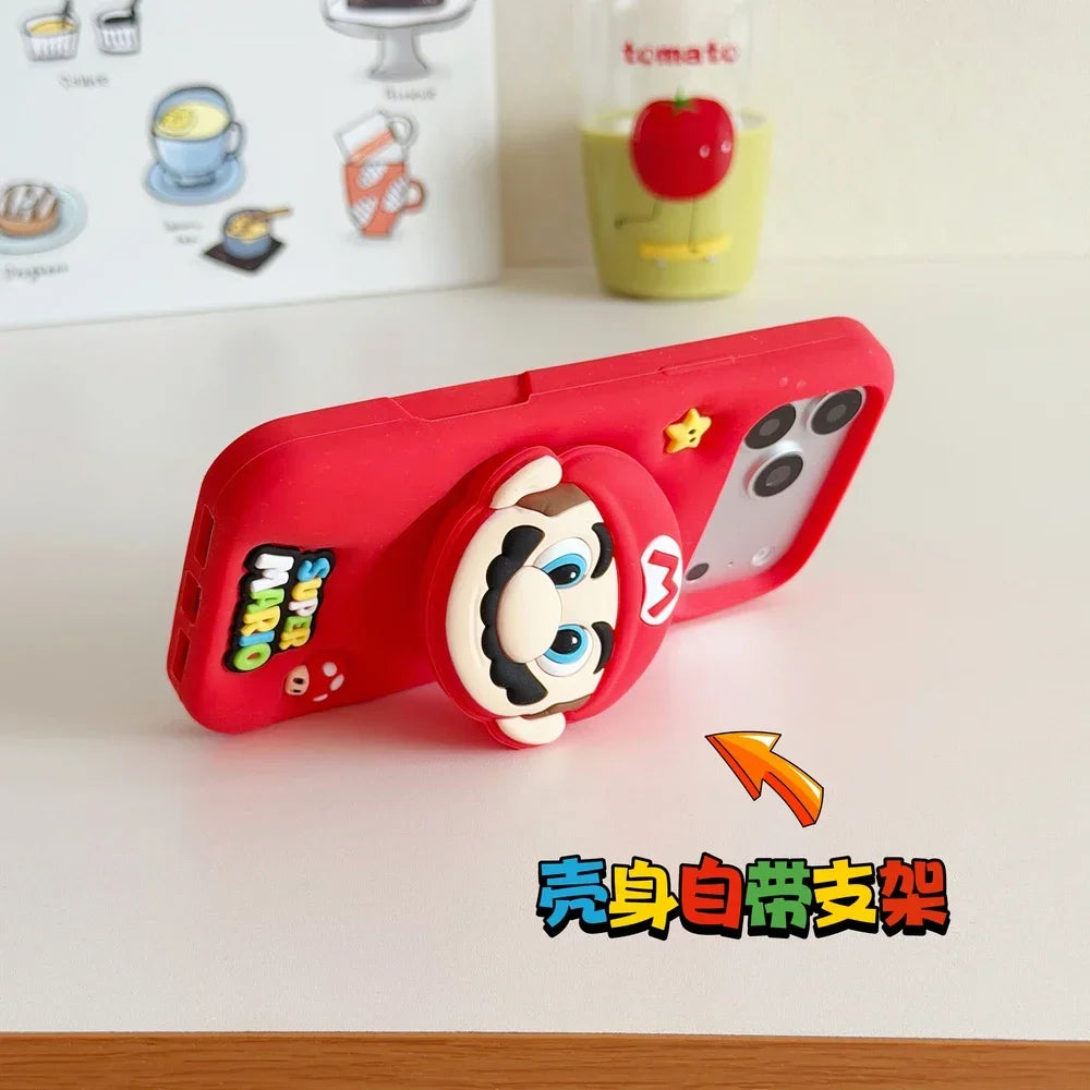 3D Stereoscopic Cute Cartoon Super M-Marios Bros Stand Holder Phone Case For iPhone 16 15 14 13 Pro Max Soft Silicone Cover