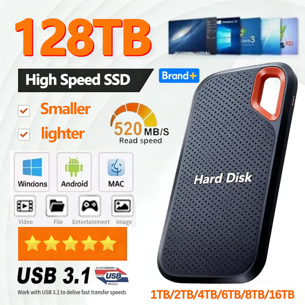 Huge Capacity Portable SSD 128TB High Speed External Hard Drive 1TB Hard Disk 2TB 4TB USB 3.1 Storage Device for Laptop/PC/Phone