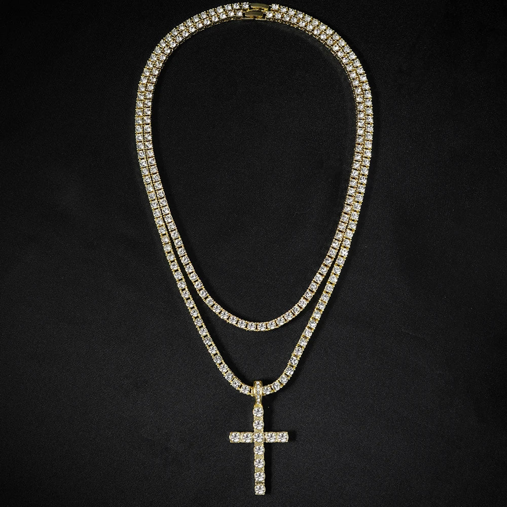 Cross Pendant Necklace with a 4mm Zircon Tennis Chain Men or Women Necklace