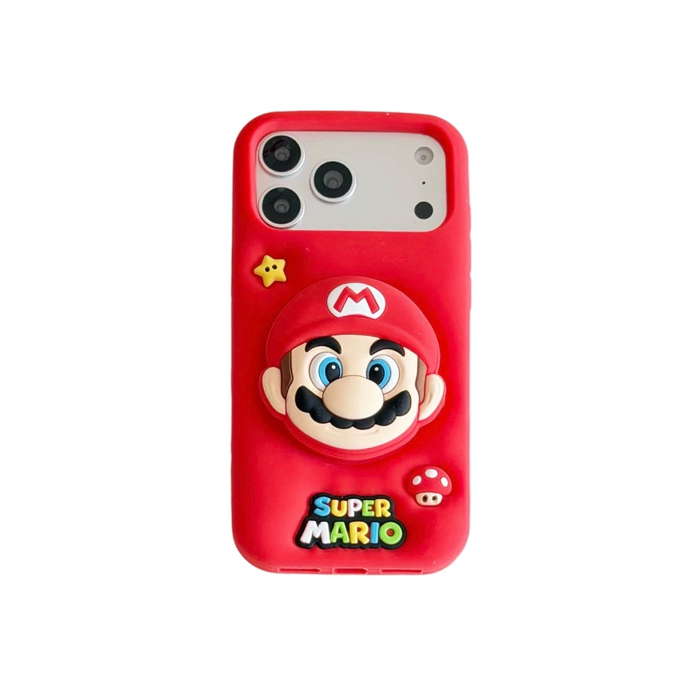 3D Stereoscopic Cute Cartoon Super M-Marios Bros Stand Holder Phone Case For iPhone 16 15 14 13 Pro Max Soft Silicone Cover