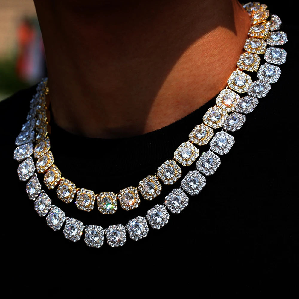Paved Cuban Link Chain Tennis Necklace Women Men 13/14MM Prong Necklace