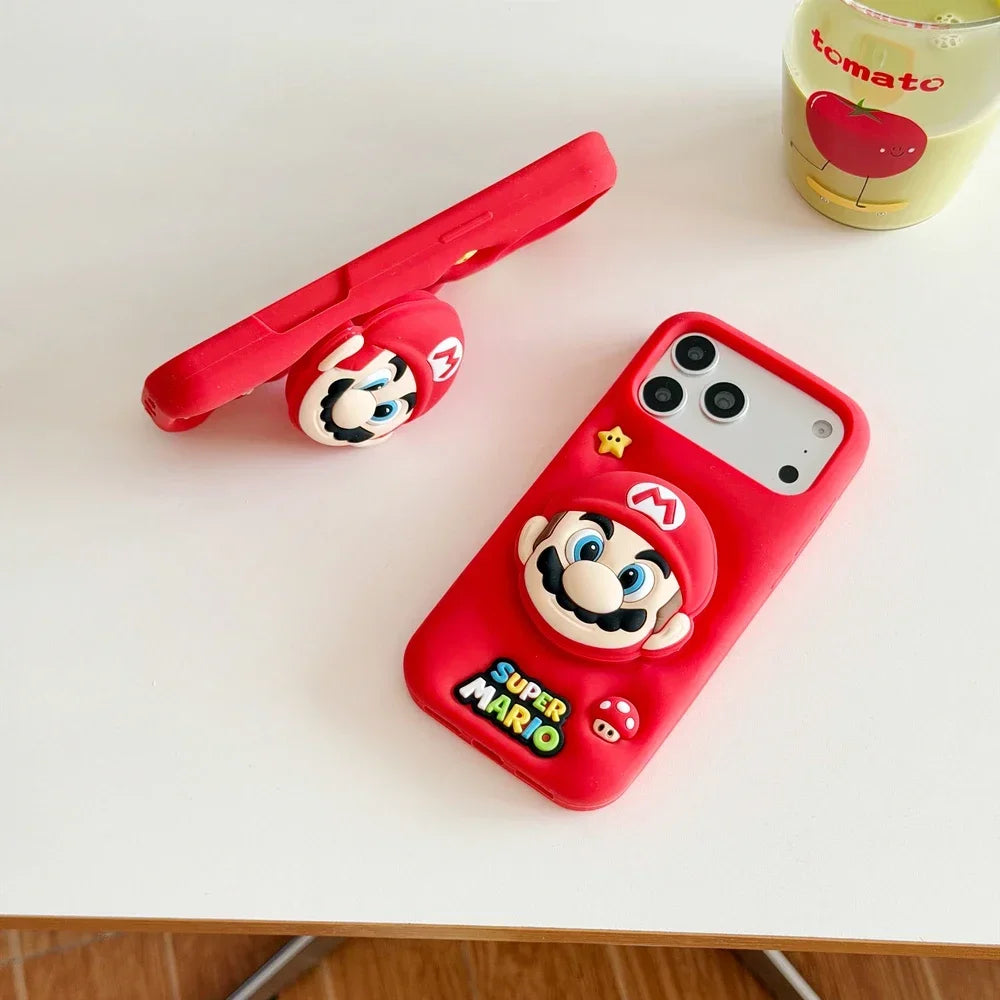 3D Stereoscopic Cute Cartoon Super M-Marios Bros Stand Holder Phone Case For iPhone 16 15 14 13 Pro Max Soft Silicone Cover