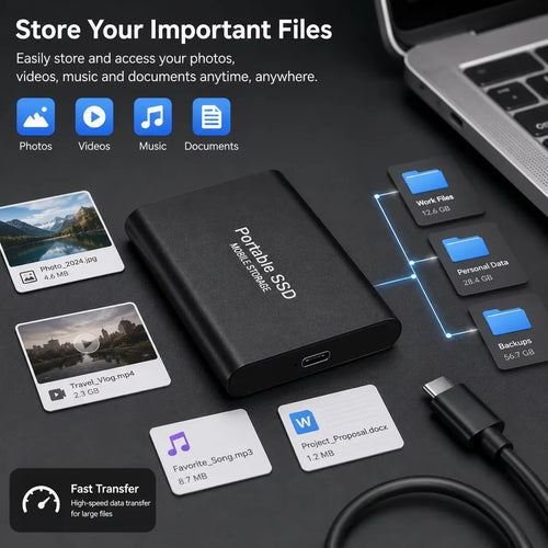 1TB External SSD Portable Hard Drive USB 3.0 Type-C Fast Storage Plug Play for Laptop Mac PC Student Daily Use