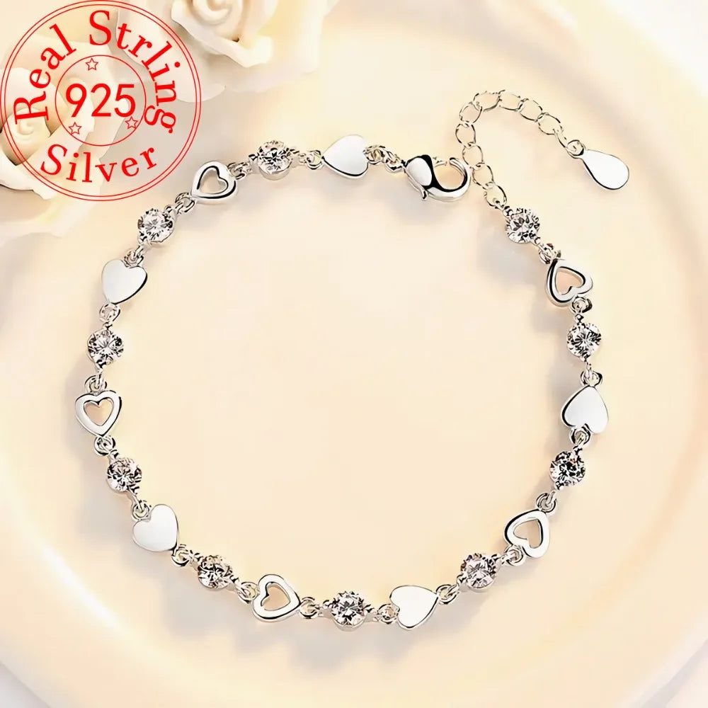 925 Sterling Silver Heart Shaped Necklace Bracelet Set for Women Vintage Crystal Bracelets