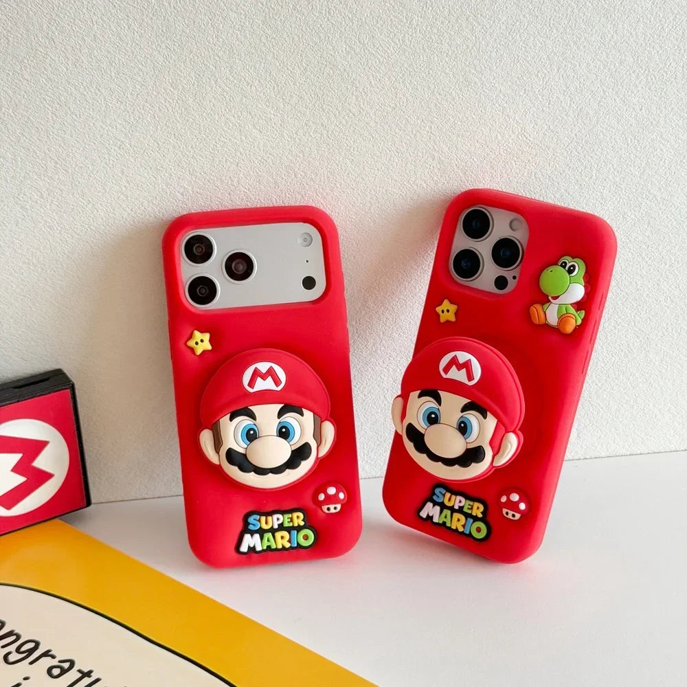 3D Stereoscopic Cute Cartoon Super M-Marios Bros Stand Holder Phone Case For iPhone 16 15 14 13 Pro Max Soft Silicone Cover