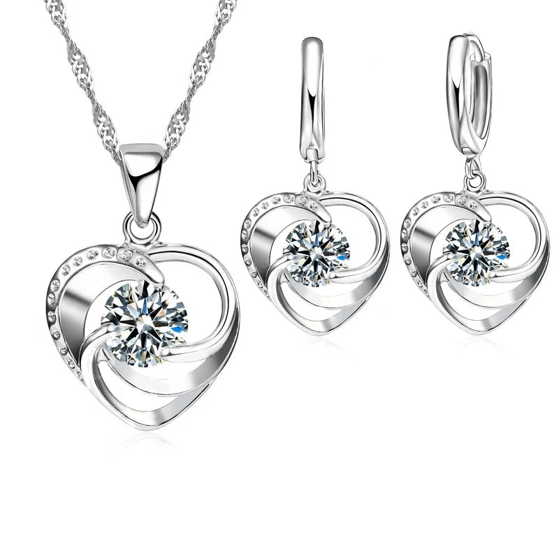925 Sterling Silver Necklace Earrings Set Long Chain Sweet Romantic Style Love Heart Shape