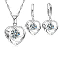 925 Sterling Silver Necklace Earrings Set Long Chain Sweet Romantic Style Love Heart Shape