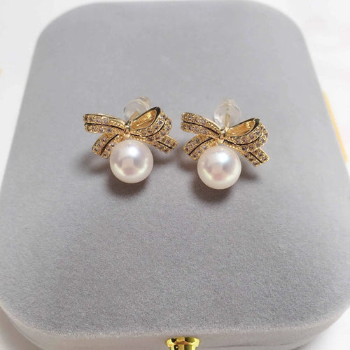 14k Gold Gilled Pearl Earrings For Women  Bow Tie Stud Earring Real Natural Freshwater Pearl