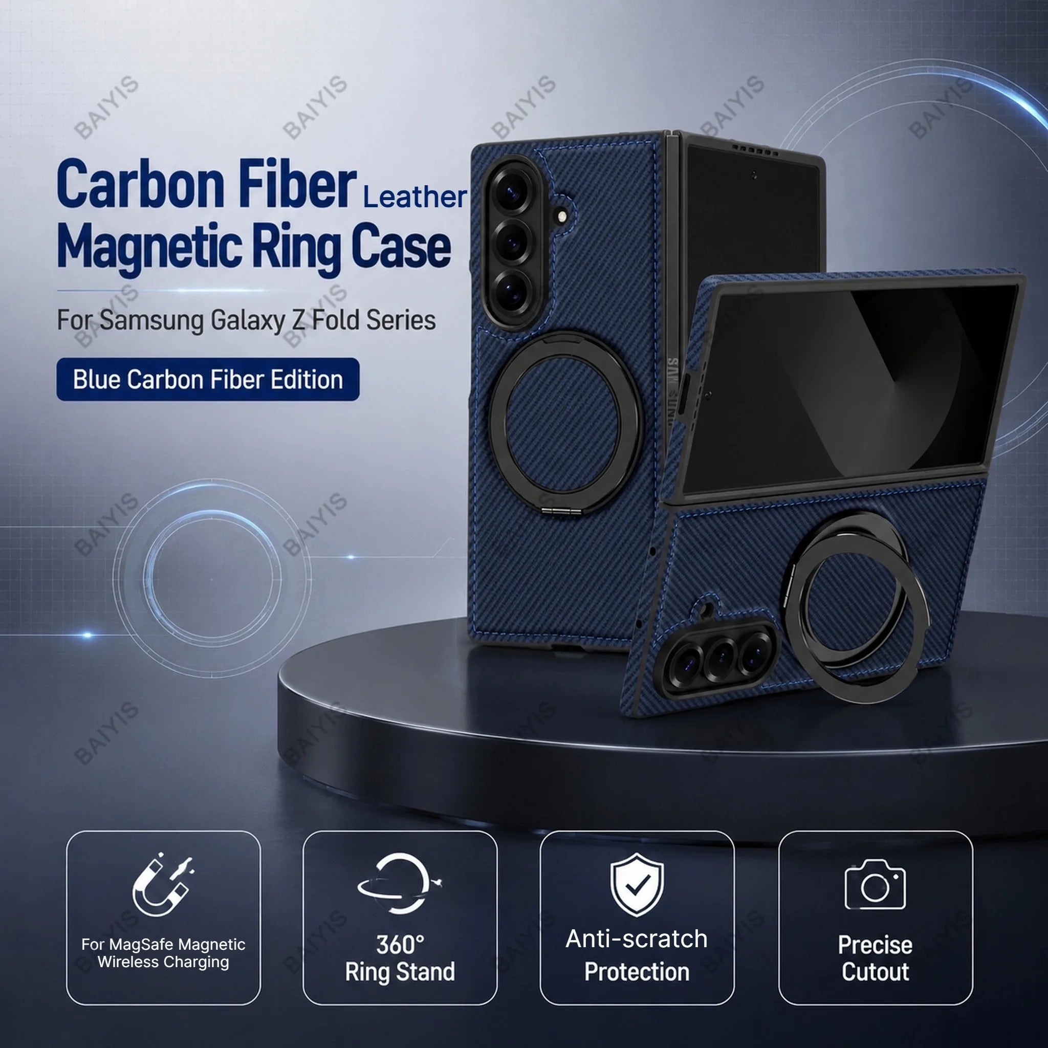Business Carbon Fiber Texture Magnetic Case for Samsung Galaxy Z Fold 8 Ultra 7 6 5 4 for Magsafe Rotating Stand Protector Cover