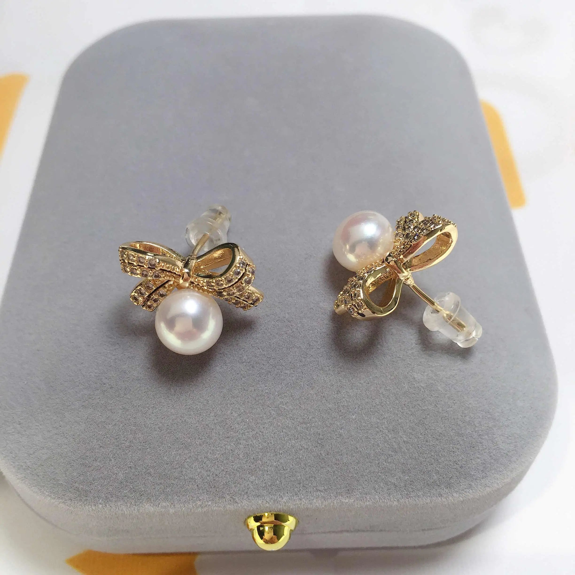14k Gold Gilled Pearl Earrings For Women  Bow Tie Stud Earring Real Natural Freshwater Pearl