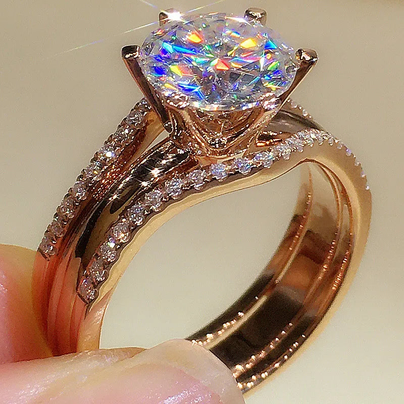 Huitan Unique Rose Gold Color Rings for Women Classic 6 Claws Designed Wedding or Engagement Bands