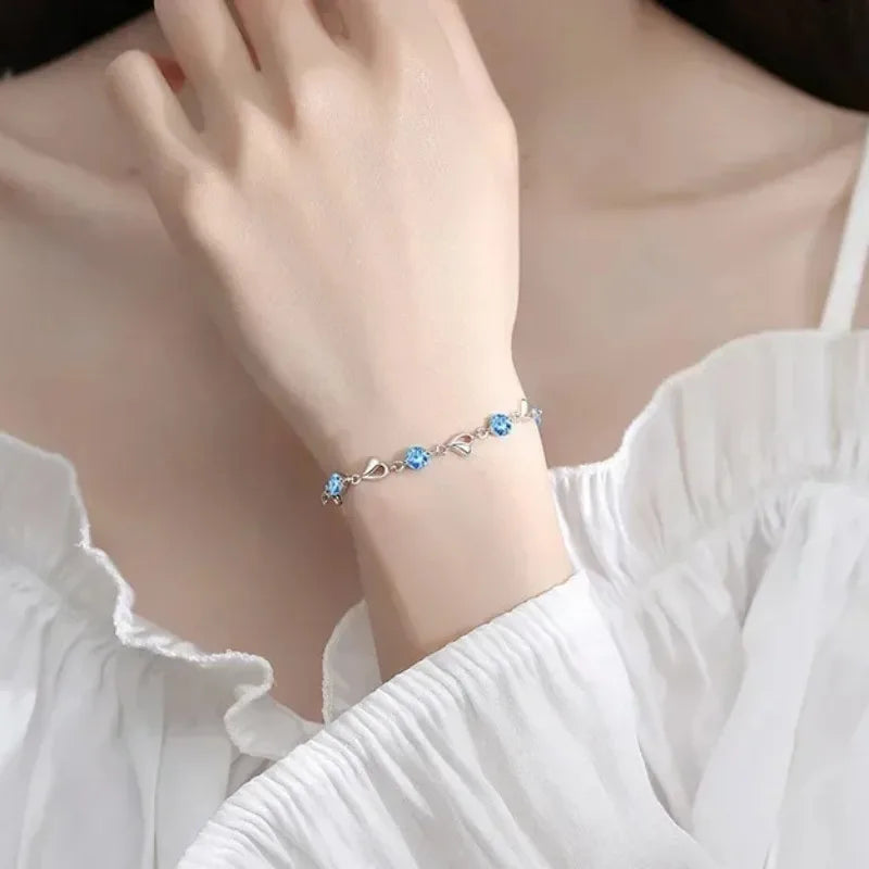 925 Sterling Silver Heart Shaped Necklace Bracelet Set for Women Vintage Crystal Bracelets