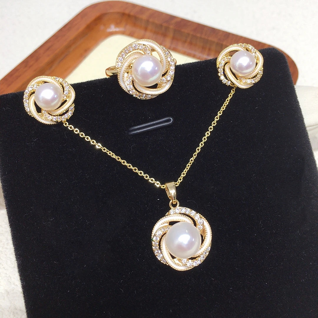 18k Gold and Freshwater Pearl Wedding Set with Bird's Nest Design