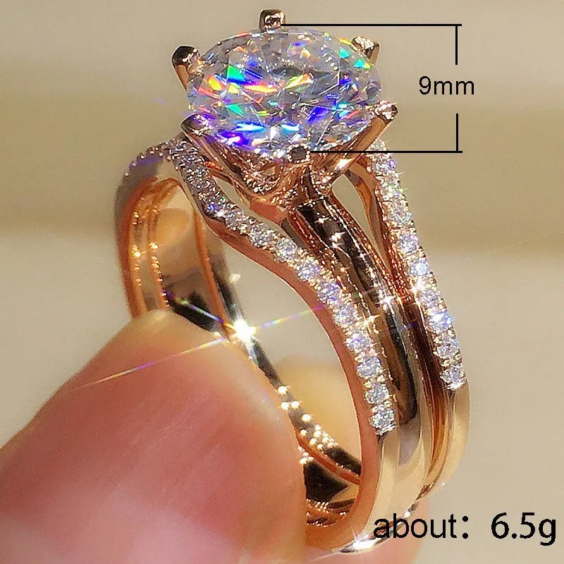 Huitan Unique Rose Gold Color Rings for Women Classic 6 Claws Designed Wedding or Engagement Bands