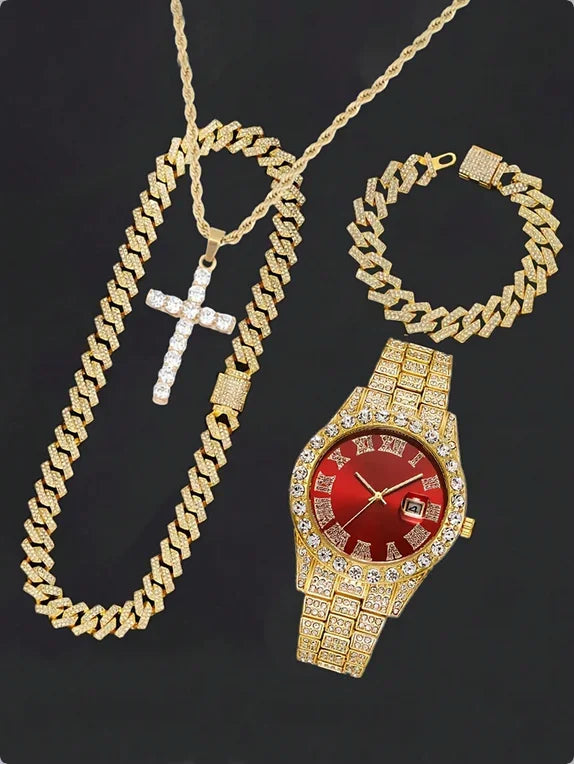 Men's Diamond Inlaid Cuban Chain Watch Set