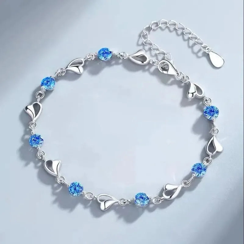 925 Sterling Silver Heart Shaped Necklace Bracelet Set for Women Vintage Crystal Bracelets