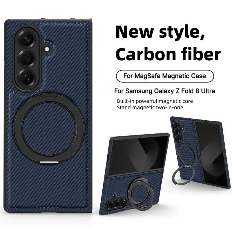 Business Carbon Fiber Texture Magnetic Case for Samsung Galaxy Z Fold 8 Ultra 7 6 5 4 for Magsafe Rotating Stand Protector Cover
