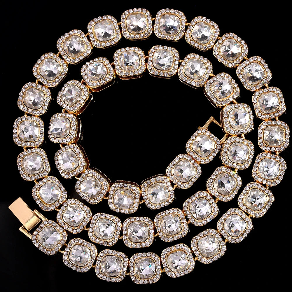 Paved Cuban Link Chain Tennis Necklace Women Men 13/14MM Prong Necklace