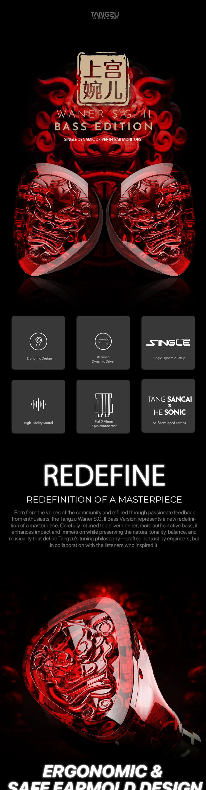 TANGZU WANER SG 2 Red Lion Edition 10mm PET Single Dynamic In-Ear Earphones with Silicone Storage Bag and Sancai Wide Bore