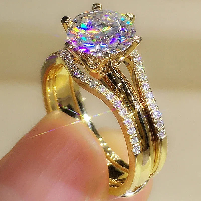 Huitan Unique Rose Gold Color Rings for Women Classic 6 Claws Designed Wedding or Engagement Bands
