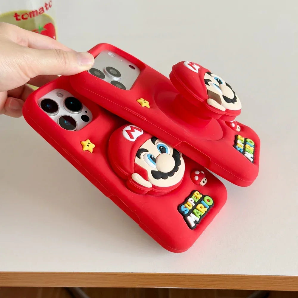 3D Stereoscopic Cute Cartoon Super M-Marios Bros Stand Holder Phone Case For iPhone 16 15 14 13 Pro Max Soft Silicone Cover