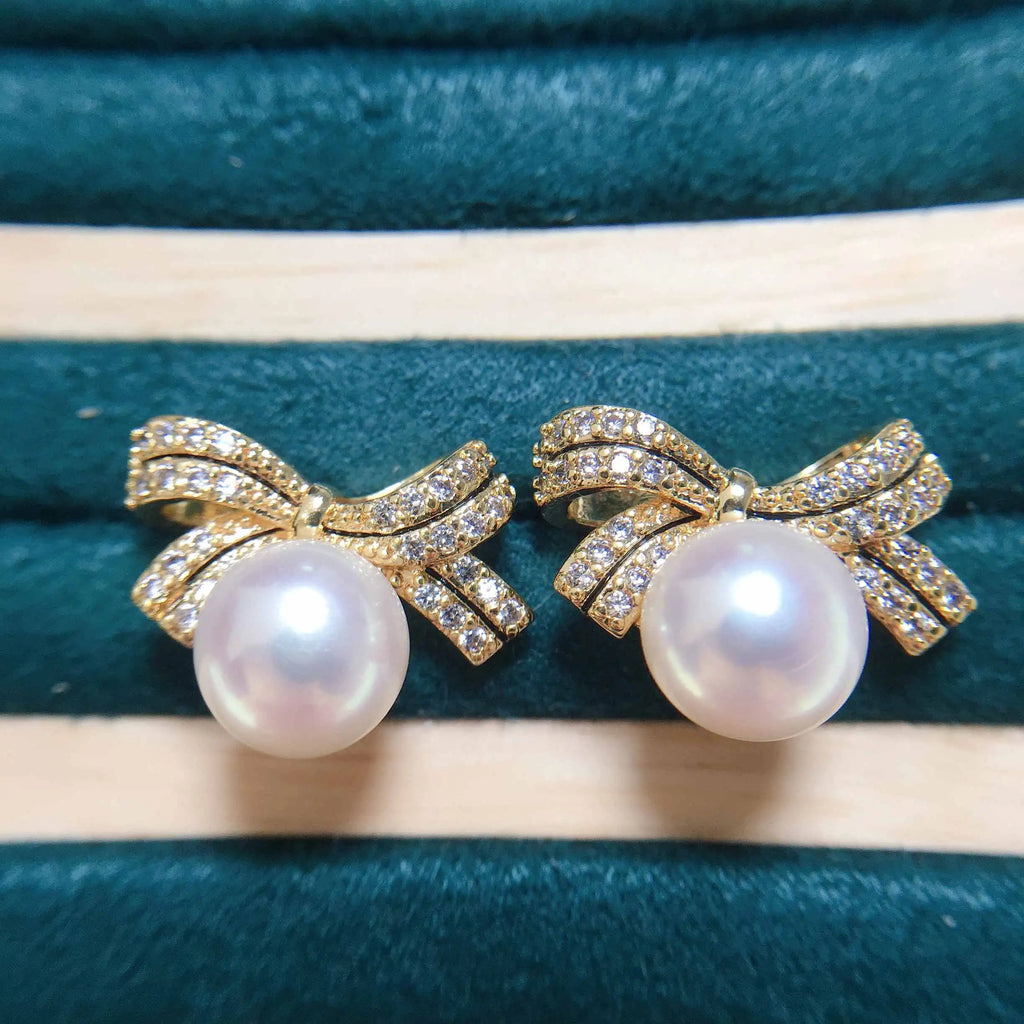 14k Gold Gilled Pearl Earrings For Women  Bow Tie Stud Earring Real Natural Freshwater Pearl