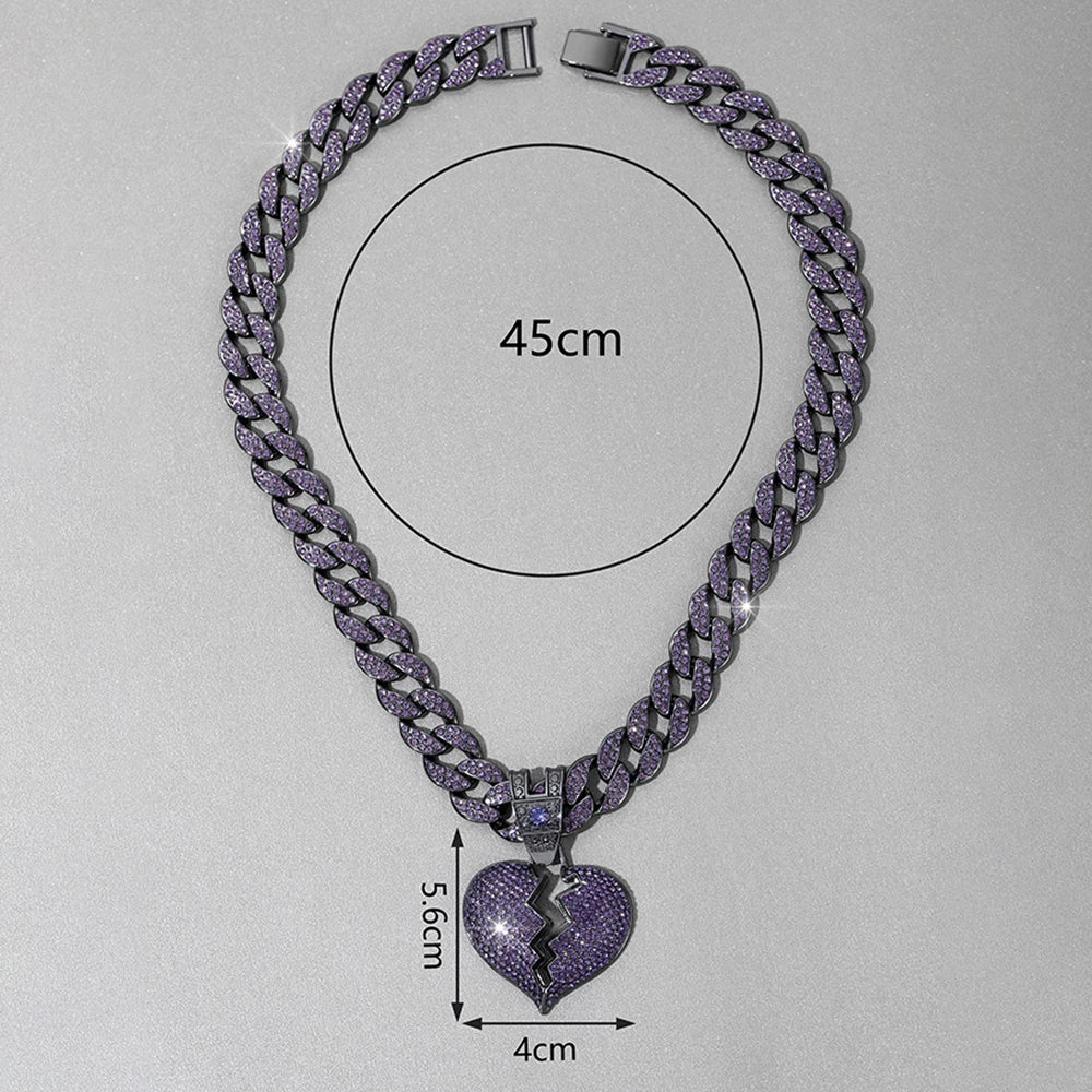 Big Purple Love Pendant Necklace 16MM Cuban Chain