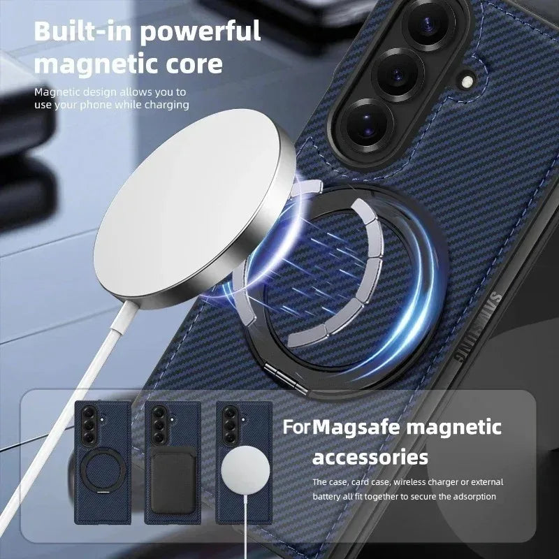 Business Carbon Fiber Texture Magnetic Case for Samsung Galaxy Z Fold 8 Ultra 7 6 5 4 for Magsafe Rotating Stand Protector Cover