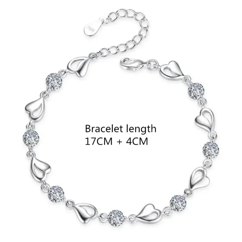 925 Sterling Silver Heart Shaped Necklace Bracelet Set for Women Vintage Crystal Bracelets