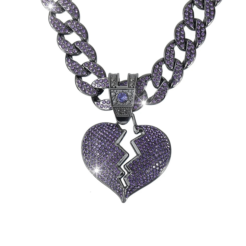 Big Purple Love Pendant Necklace 16MM Cuban Chain